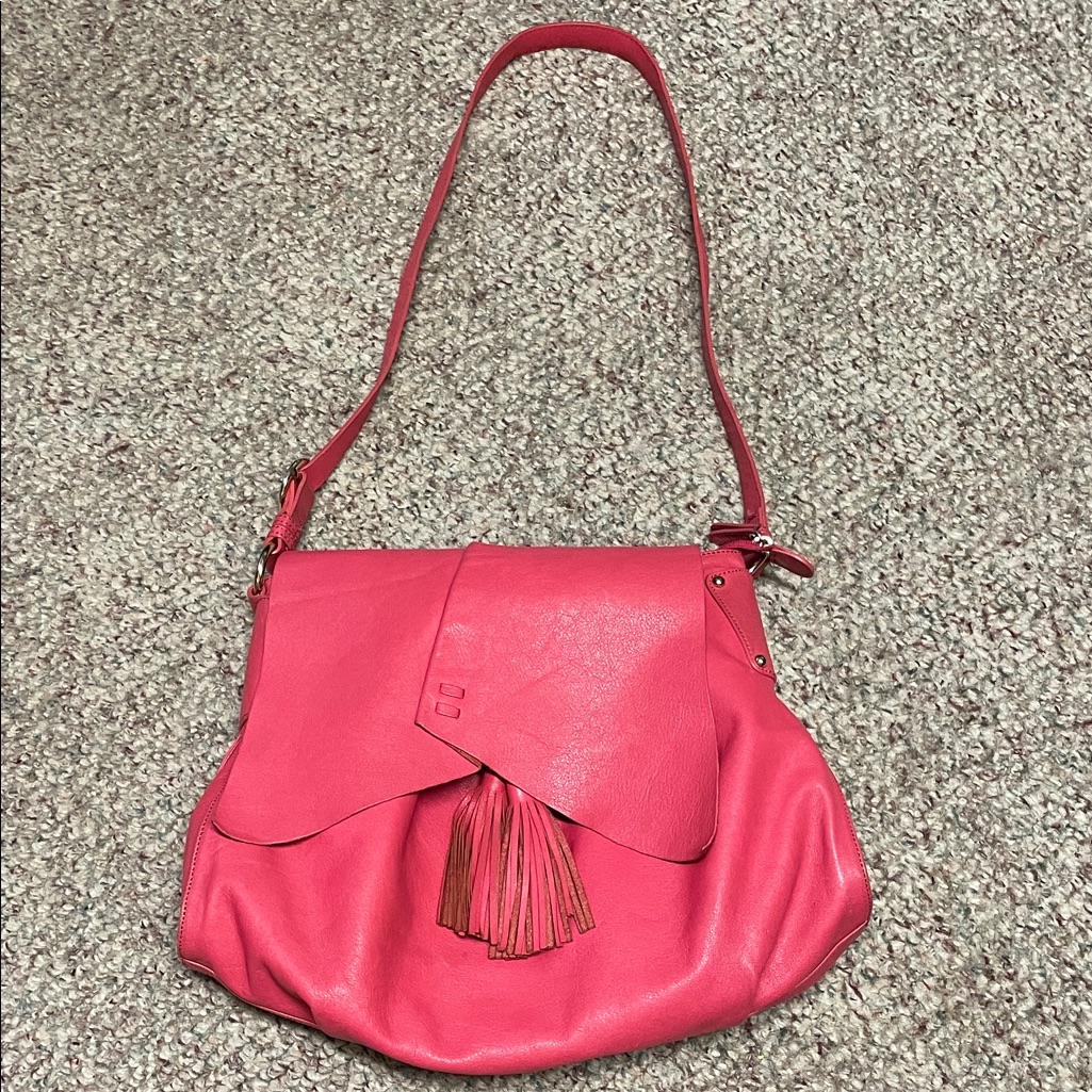 Pink Leather Fold Over Flap Tassell Accented Shoulder/Crossbody Bag